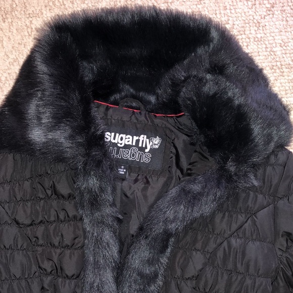 Sugarfly faux fur puffy jacket size S zip pockets hook closure warm & cozy - Picture 3 of 7